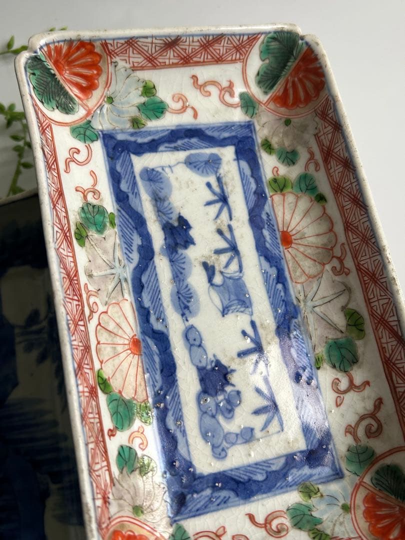 古伊万里　風景 色絵　染錦　角皿 2枚セット