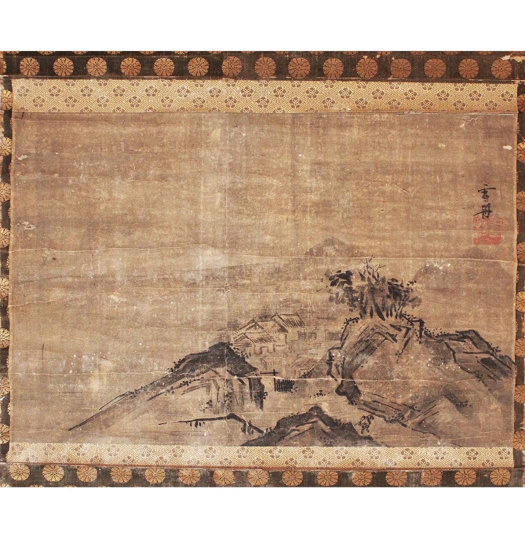 【真筆】◆雪舟等楊 山水図◆ 掛軸 肉筆紙本 検 千利休 狩野探幽 狩野永徳