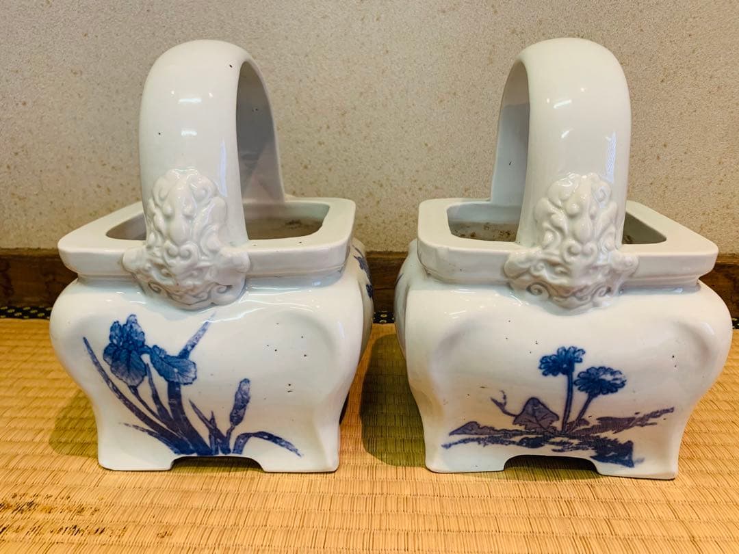 火鉢　2個セット　手提げ火鉢　鬼獅子火鉢　染付　骨董　アンティーク　インテリア