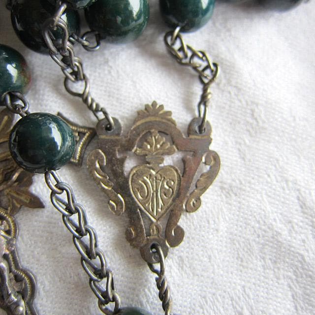 フランスアンティーク 純銀製 ロザリオ 透彫 革ケース付