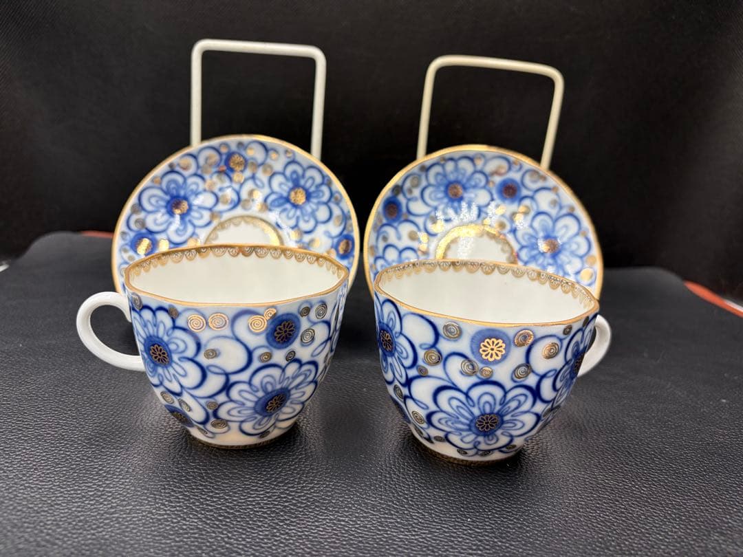 アンティーク　ソビエト　ロモノーソフ　青色系花柄カップ＆ソーサー　２セット①