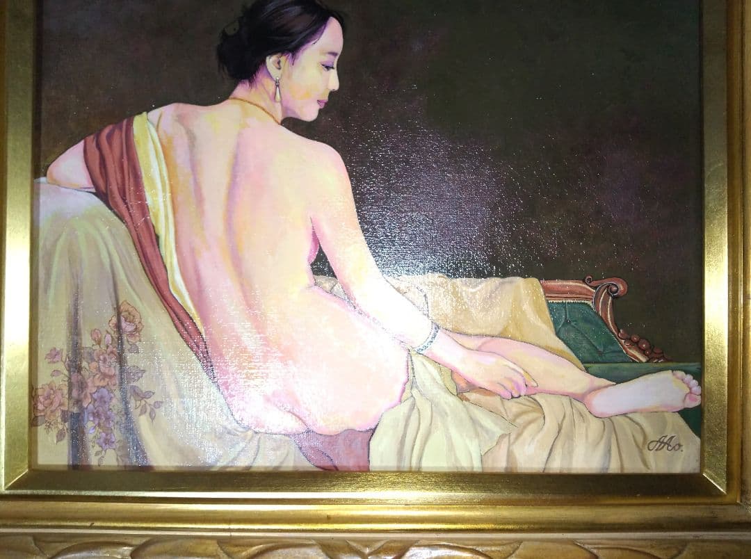 森本草介、絵画、裸婦、油彩６号、憩いの時、高級額縁、肉筆