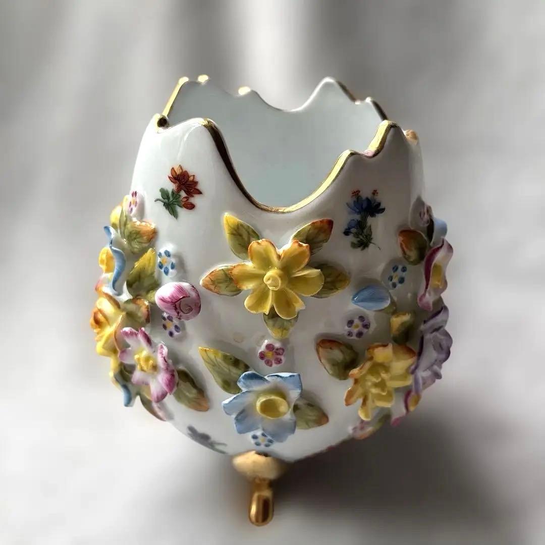 ドイツ ドレスデン風 陶器 花装飾 卵型 花器 金彩 脚付き ヴィンテージ