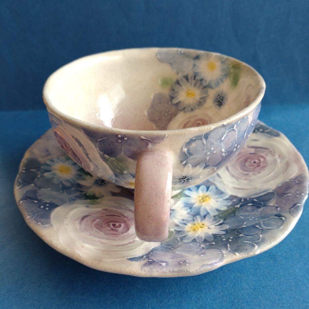 ゆずりは工房　カップ＆ソーサー　青彩ローズ　薔薇　花柄　陶器　瀬戸焼