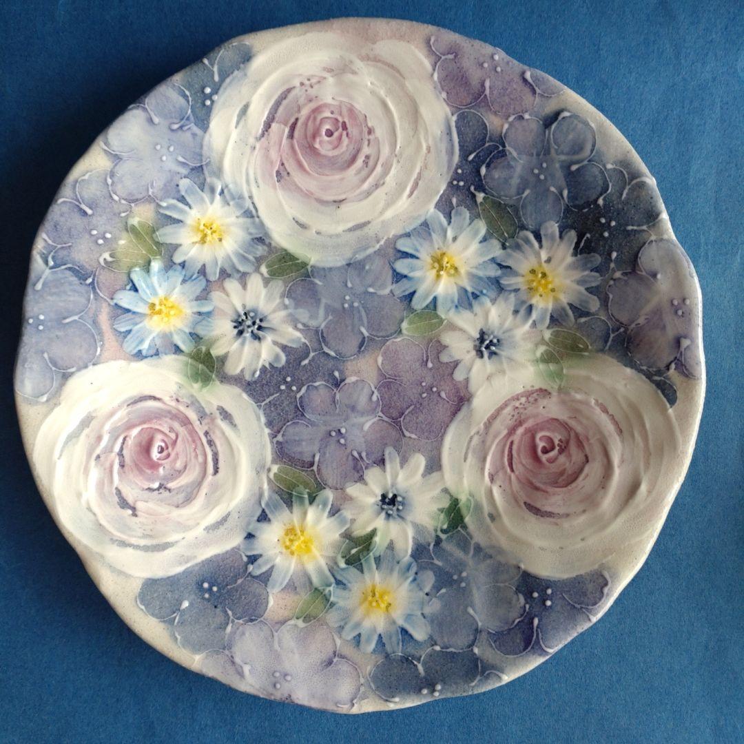 ゆずりは工房　カップ＆ソーサー　青彩ローズ　薔薇　花柄　陶器　瀬戸焼