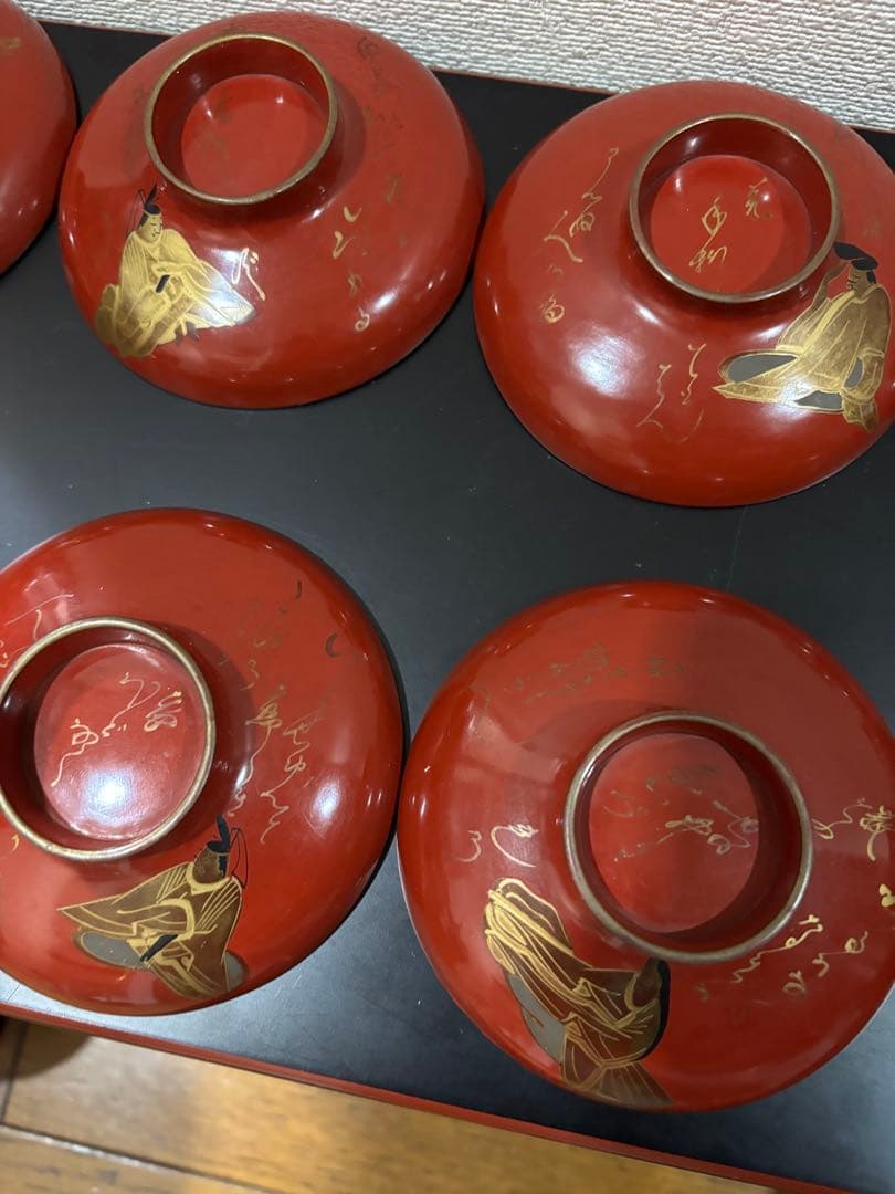 時代　漆器吸い物椀　絵がわり蒔絵10客セット　人物　和歌　明治　大正