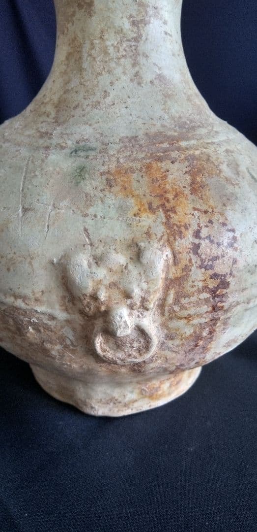 中国古陶器製瓶型 、緑釉双耳、緑釉銀化 高さ約20cm