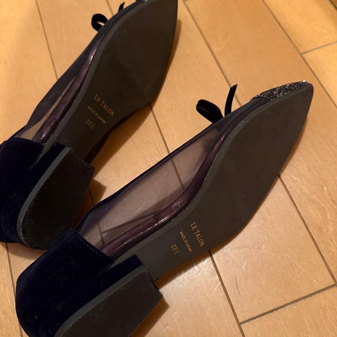 【美品】LE TALON ポインテッドトゥキャップチュールバレエ　ネイビー