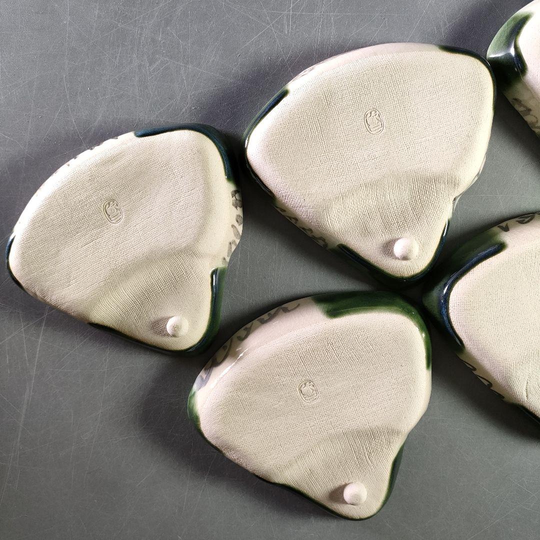 A913-2/織部焼/欣三 造/扇形皿5客/絵変/向付/飾皿/