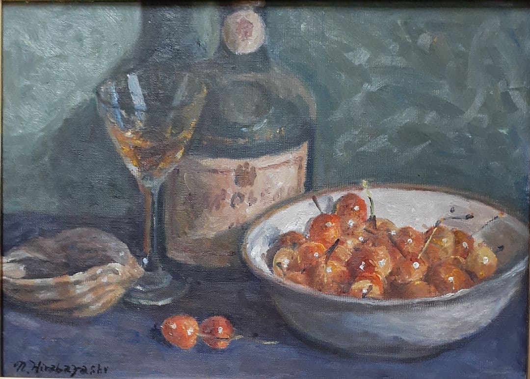 【真筆保証！】一水会会友　【平林伸泰】筆　油彩　肉筆　さくらんぼ　F4号　額装