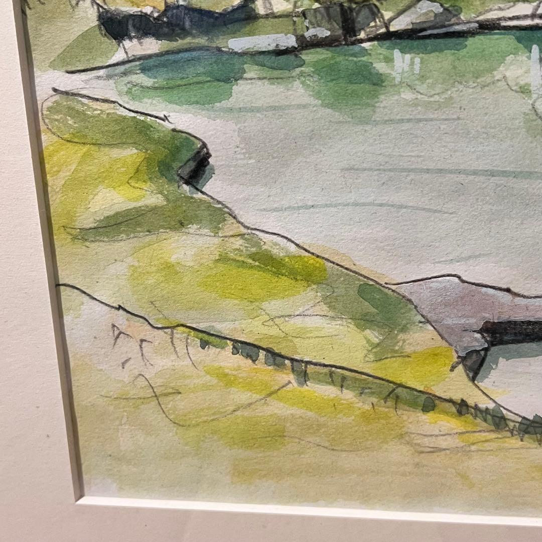 透明水彩画　日本庭園　MARUO 額縁入り　緑　園庭　インテリア　希少