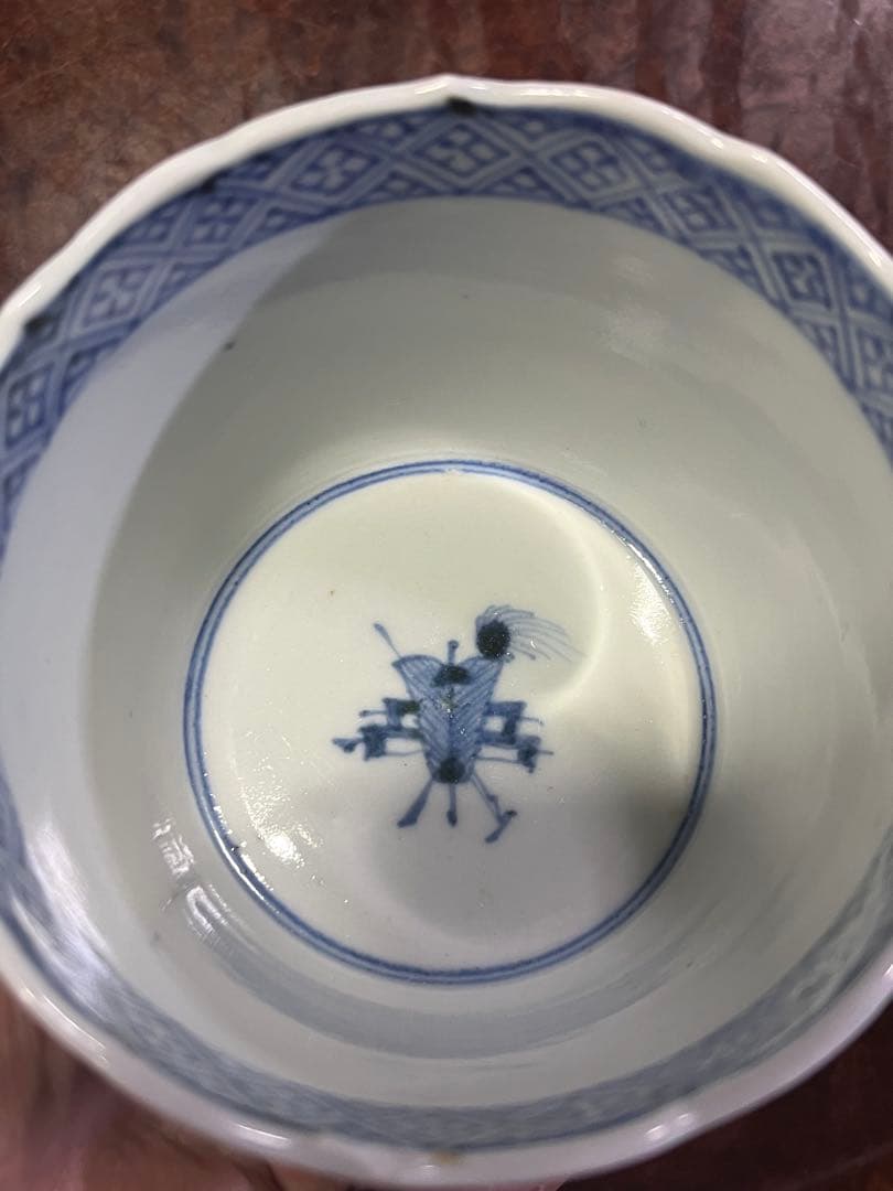 古伊万里　蕎麦猪口　賢人　仙人　人物　蘇轍　印判　宝珠　軍配　団扇　経巻　宝巻