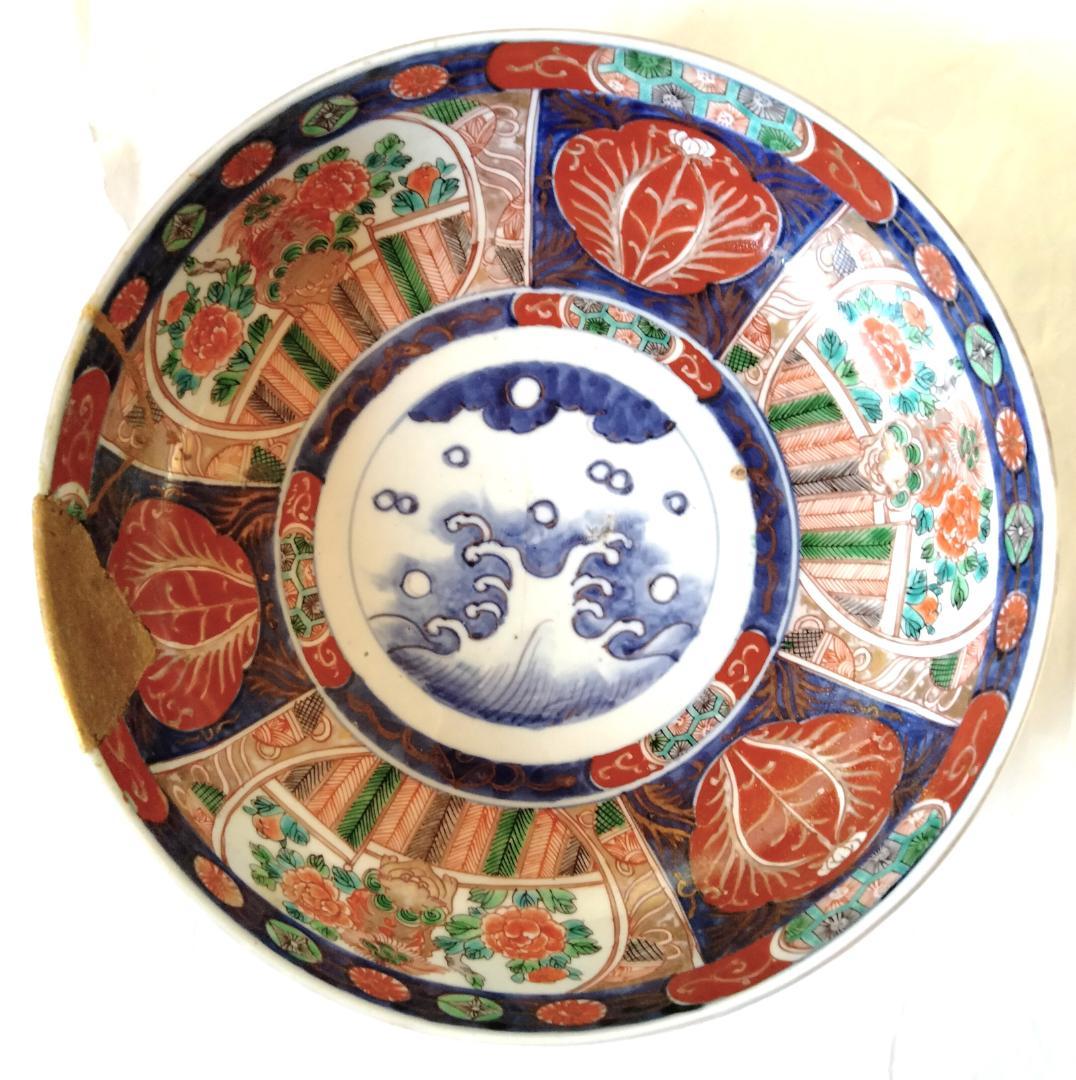 陶器 大深鉢(大) 荒波に獅子・牡丹・鳳凰 色絵 二重鉢揃い Ab-318