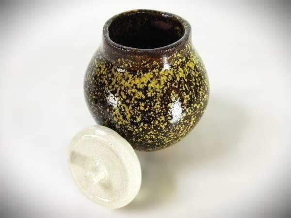 茶道用陶器壺 青金花 柄茶道具 茶入れ 蓋 陶磁器 仕覆 美品 在銘