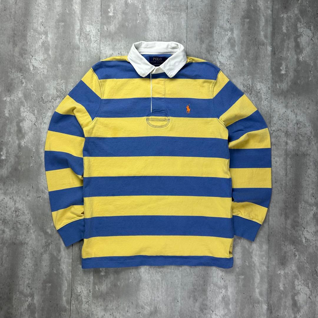 ラルフローレン 刺繍ロゴ 太ボーダー ラガーシャツ 黄青 M 6301