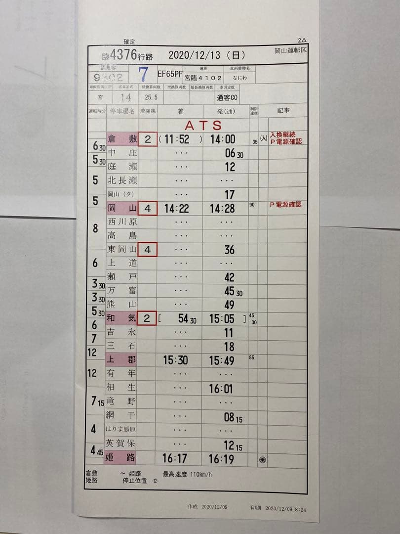 運転時刻表岡山運転区サロンカーなにわ
