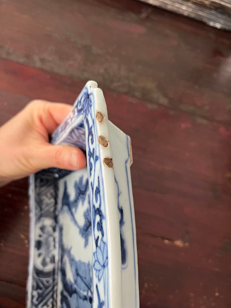 希少　中国古美術明時代　天啓古染付　牛車翁　紗綾紋　隅切角皿　古伊万里　清朝期