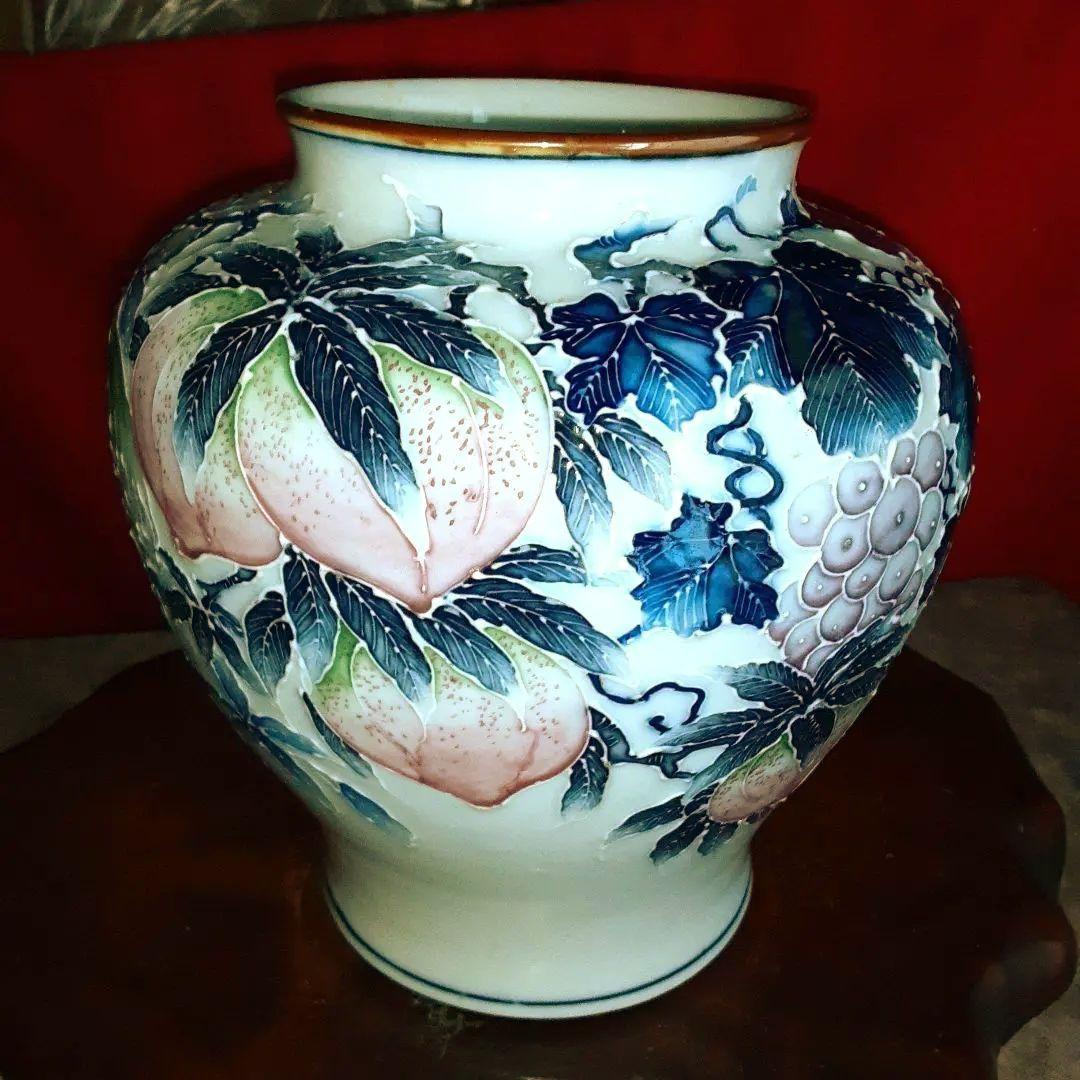 河本礫亭　青華白盛果実文　花瓶 S