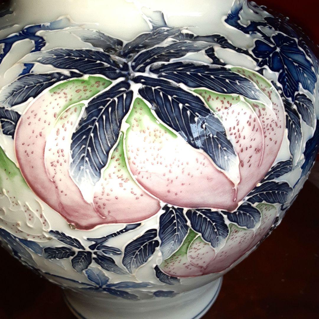 河本礫亭　青華白盛果実文　花瓶 S