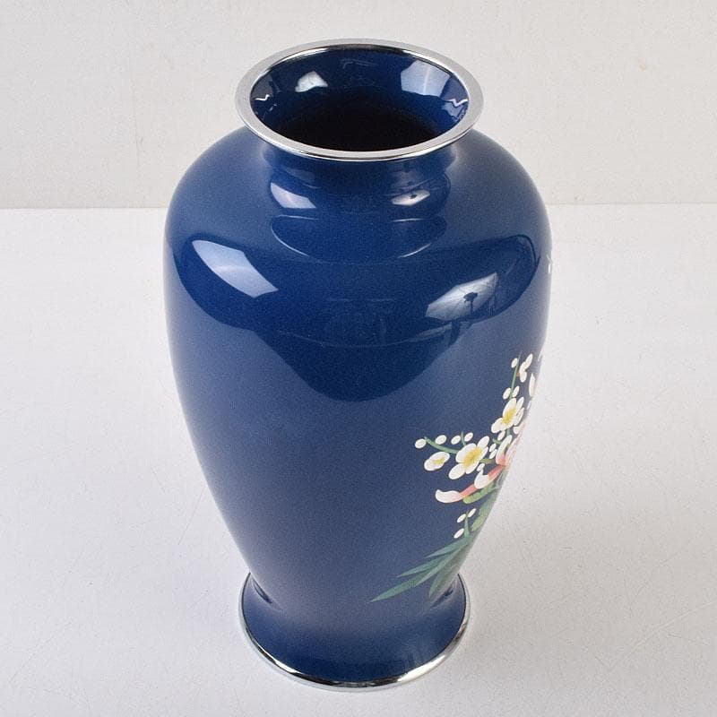 七宝焼　紺釉　四君子文　花瓶　共箱　F　R9167