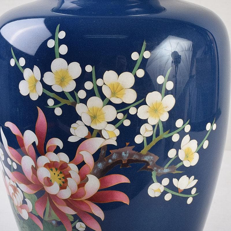 七宝焼　紺釉　四君子文　花瓶　共箱　F　R9167