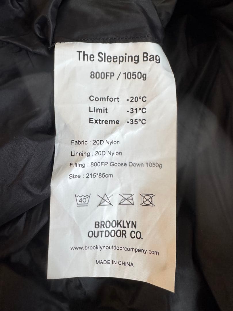 BOC ブルックリンアウトドアカンパニー 寝袋 シュラフ 800FP 1050g