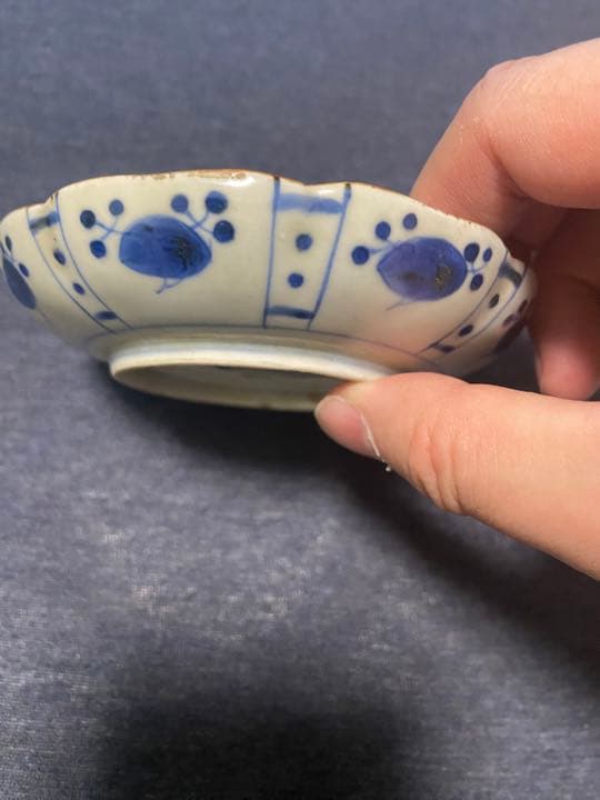 中国古美術品　明代成化年製　芙蓉手　染付(青花)花鳥文盤 茶托4客　皿