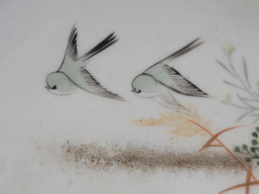 九谷 金彩赤絵 花鳥紋 細密画 皿 六客 明治 DT378