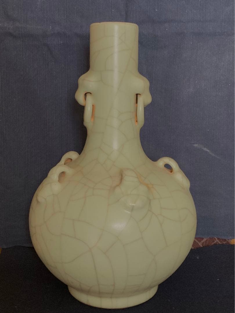 七官青磁　双蝙蝠耳天球瓶　北宋青磁