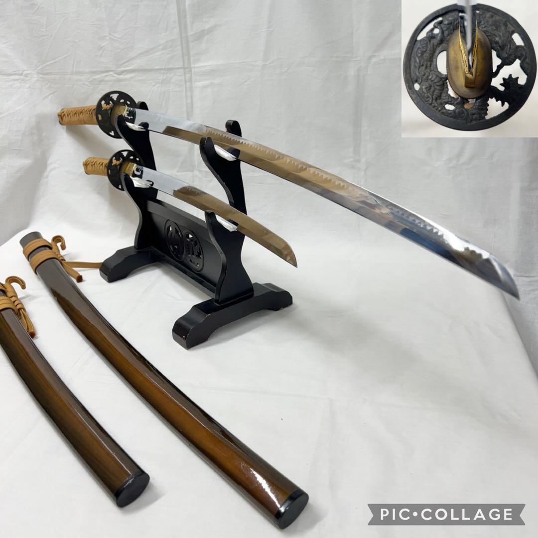 【模造刀】二本差し 太刀 脇差 龍鍔 茶色鞘 日本刀