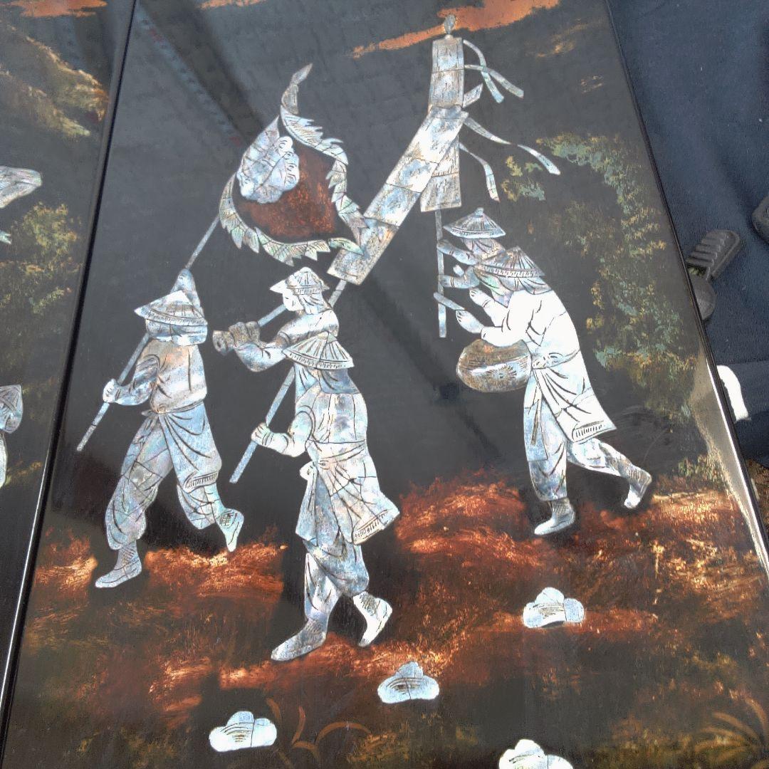 骨董４手彫り漆器 伝統的農村風景 4枚セット