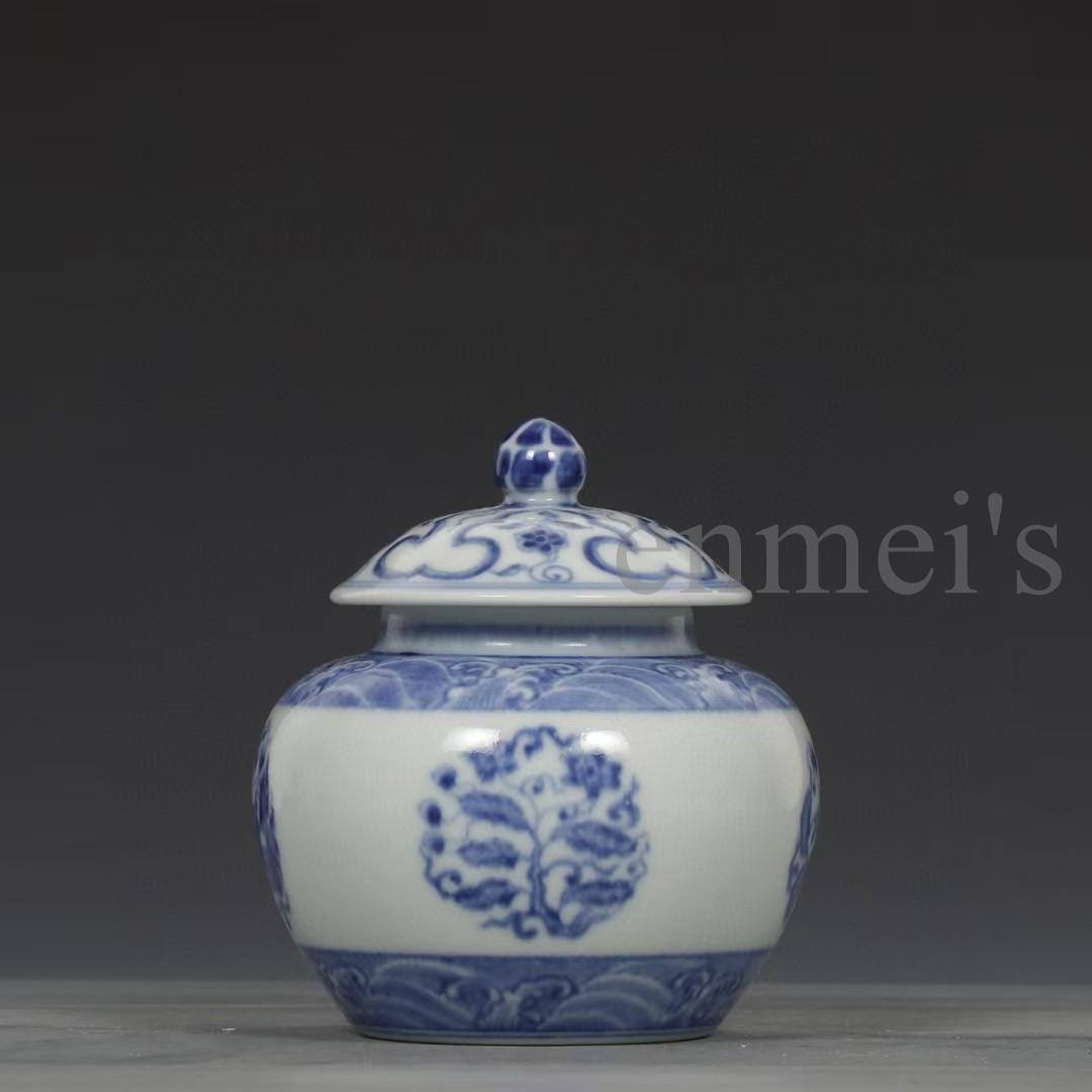 中国古美術・明成化年製款・青花磁団花紋蓋壺・木箱付・文房具・茶道具・陶磁器茶箱