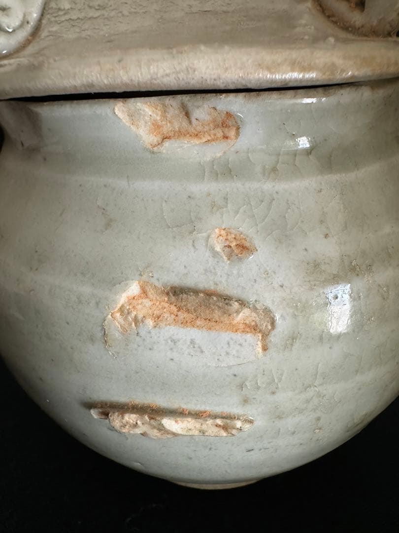 中国骨董　漢　青磁神亭小壺　蓋付き　茶入　茶壺　唐物　収蔵品　古美術(N-10)