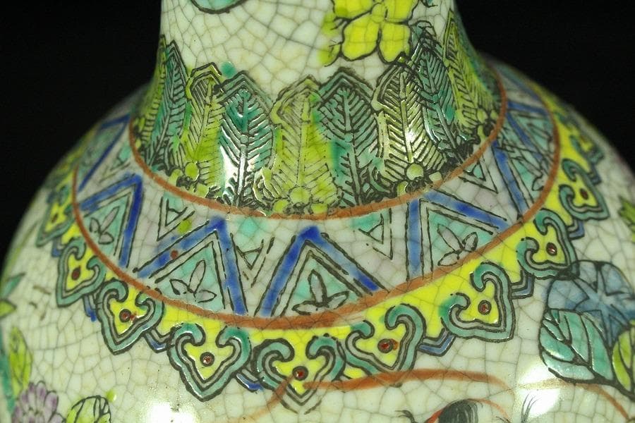 中国美術 色絵 唐子草花紋 瓶 一対 旧家蔵出(MG999)