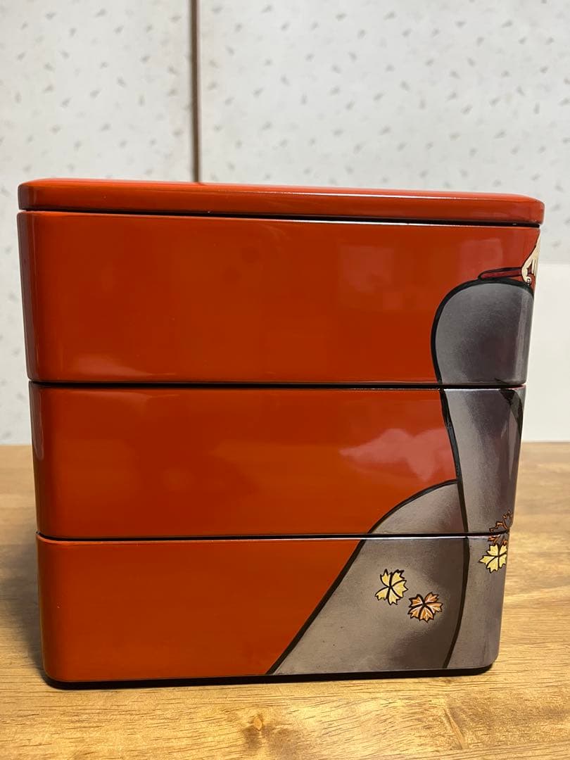 会津塗 木製三段重 朱漆 浮世絵 手書 蒔絵 うるし絵・会津絵　珍品