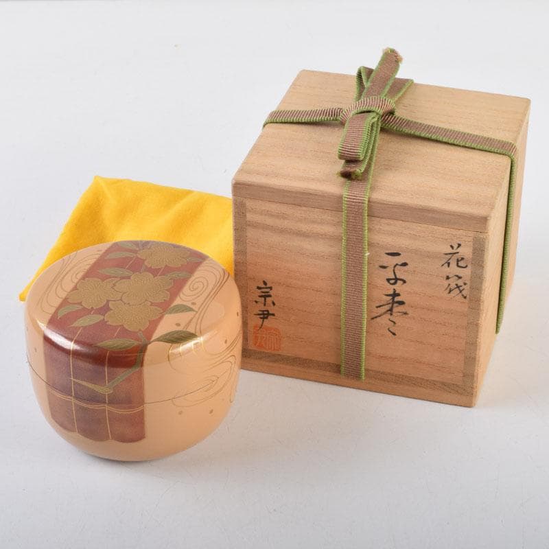 茶道具　加賀蒔絵師　中村宗尹作　白漆　花筏蒔絵　平棗　共箱　V　R9537