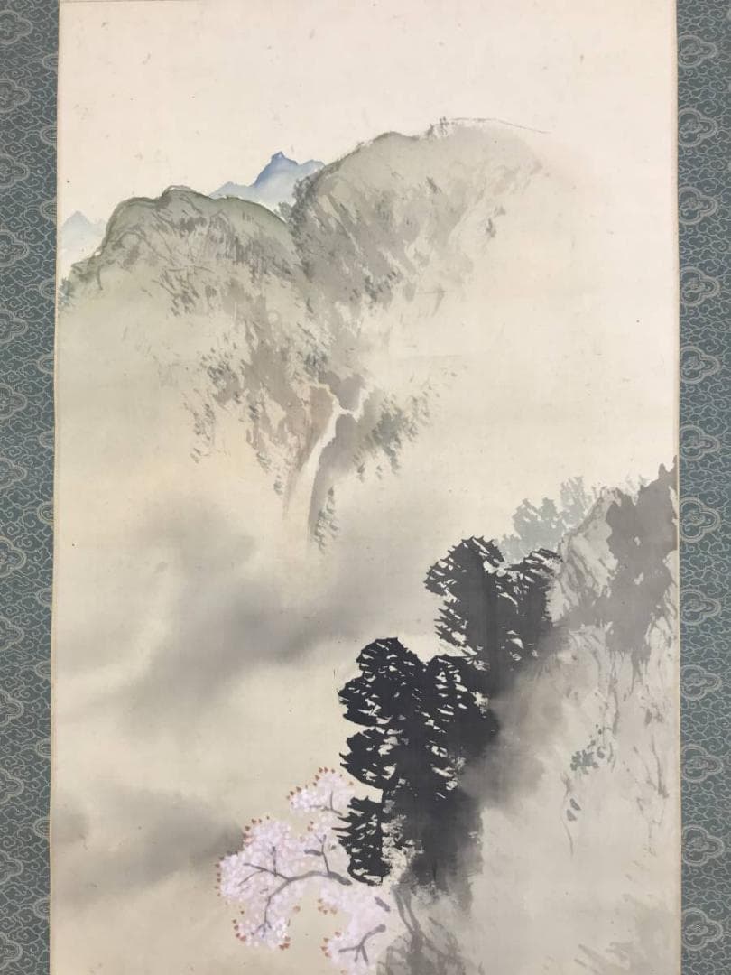 【真作】小山春翠/桜花筏下り図/山水図/春景山水図/掛軸/名家伝来/AD-913