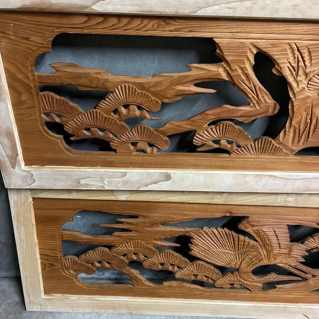昭和レトロ 木製 2枚セット 欄間 鶴 松 木製彫刻 両面