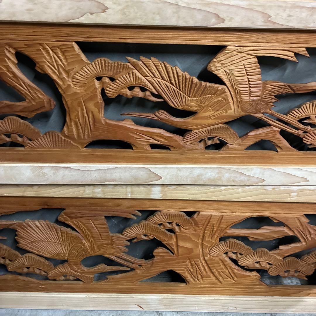 昭和レトロ 木製 2枚セット 欄間 鶴 松 木製彫刻 両面