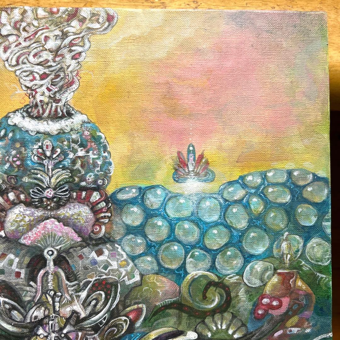 クジャクと地球　アクリル画　絵画