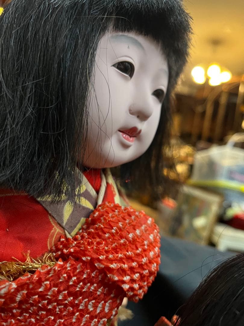 市松人形 黒髪 オレンジ着物 約30cm 2体