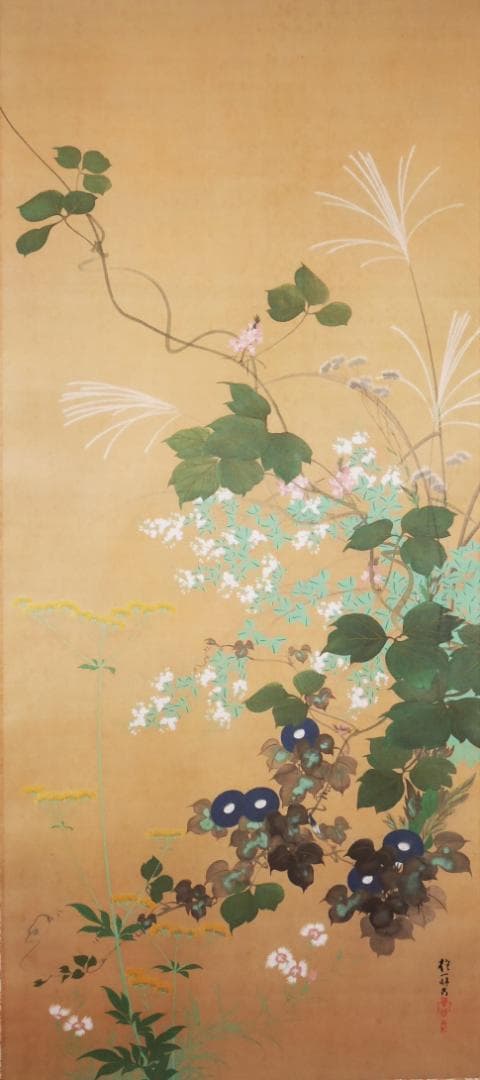 【工芸】状態良品　酒井抱一筆【七草図　秋草】◆高品質復刻画 日本画　花鳥　掛軸