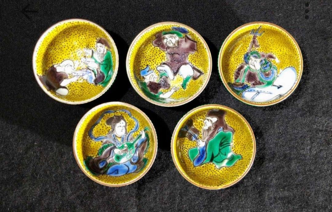 ☆堀江青光☆「倣九谷吉田屋酒盃」☆ 酒盃 ５種５客組 ☆共箱 共布 ☆