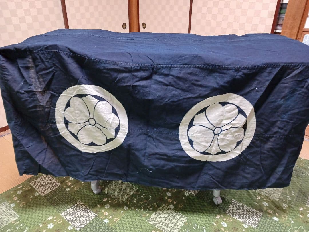 古布　油単　綿　濃紺　藍染　紋四つ　筒描き　一枚