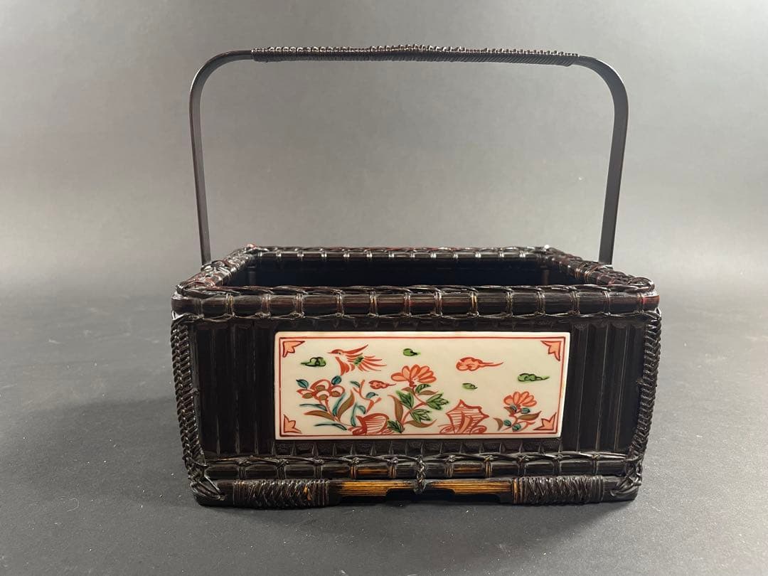 17 最終値下げ　和田鱗司 陶板入 唐物入 莨盆 共箱 竹網 煙草盆 竹工芸