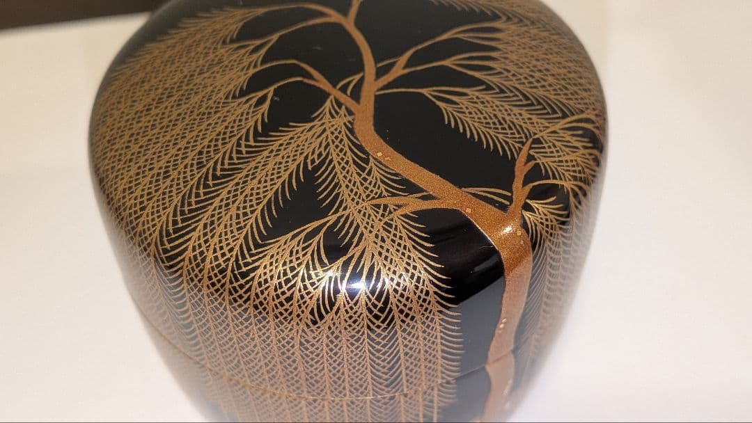 『柳橋蒔絵　棗』宗水作　茶道具　共箱共布　清水宗水　内銀溜塗　輪島塗　金