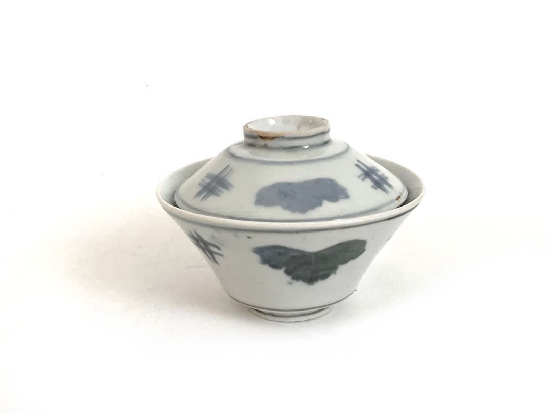 骨董　アンティーク　古伊万里　こんにゃく印判　井桁文様　蓋茶碗　初期伊万里　民藝