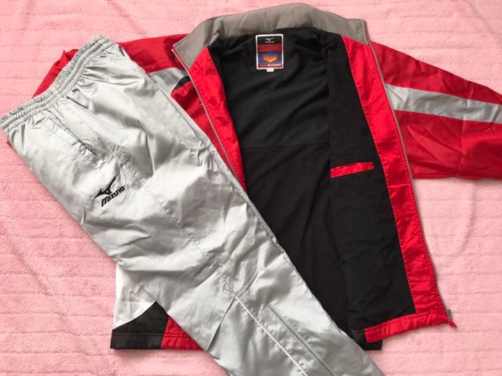 アシックス ウインドブレーカー 上下 冬用 赤&銀