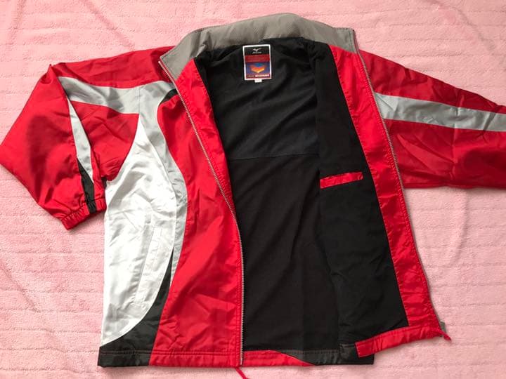 アシックス ウインドブレーカー 上下 冬用 赤&銀