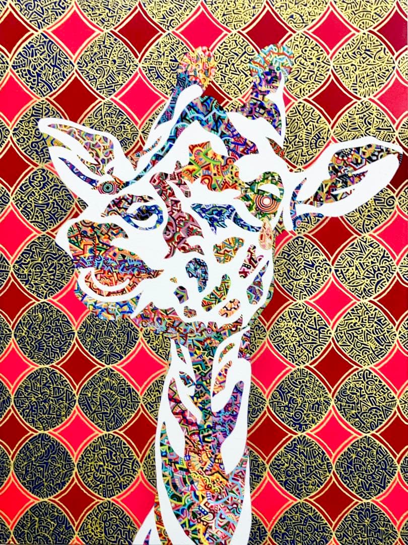 値下げ　原画　キリン　動物画　絵画　アクリル画　現代アート　細密画　一点物